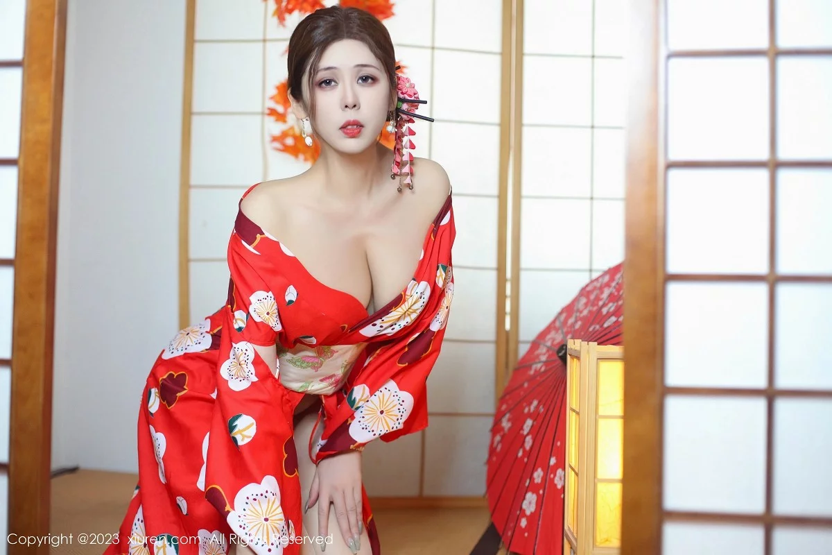 Xgyw.Org_XiuRen第7736期_模特月野兔美妞性感红色和服配蕾丝肉丝袜秀曼妙身姿诱惑写真54P