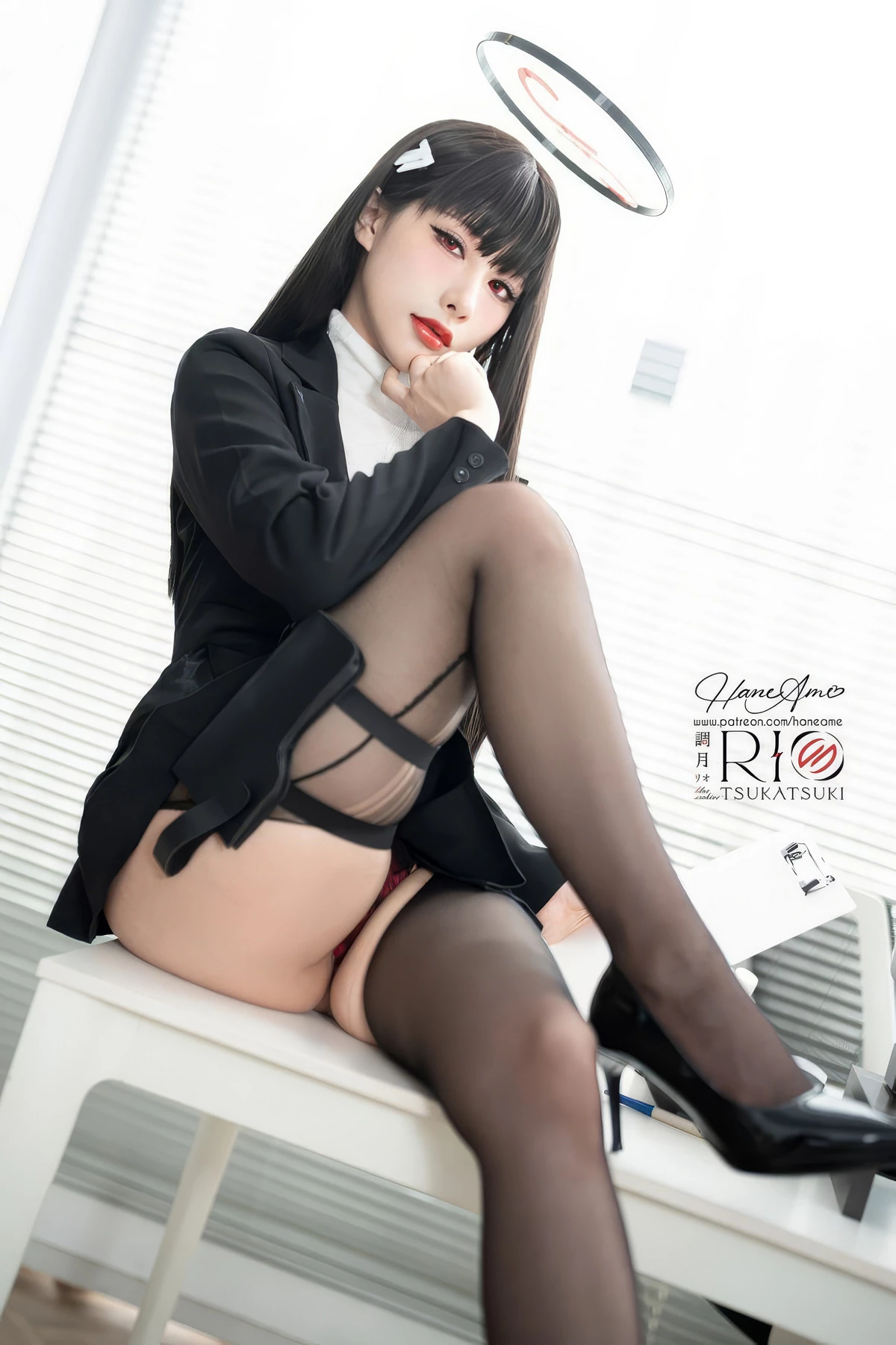 Xgyw.Org_Coser美女雨波_HaneAme蔚蓝档案主题黑色OL服饰露黑色蕾丝内衣配开档黑丝魅惑写真118P