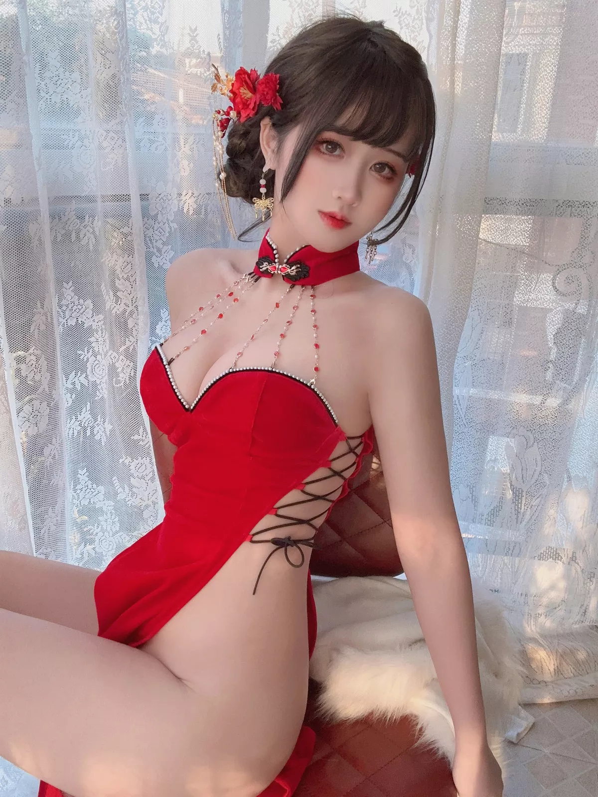 Xgyw.Org_微博妹子三度_69红丝绒旗袍主题性感红色情趣服饰配黑色丝袜秀惹火身材撩人诱惑写真75P