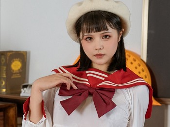 网络美女七月喵子特别授业主题性感水手服饰露白色内衣配白色丝袜秀丰满身材诱惑写真60P